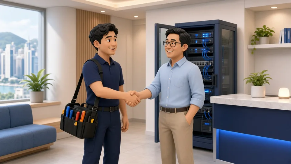插圖:工程師帶同工具到客戶辦公室上門服務,與客戶握手